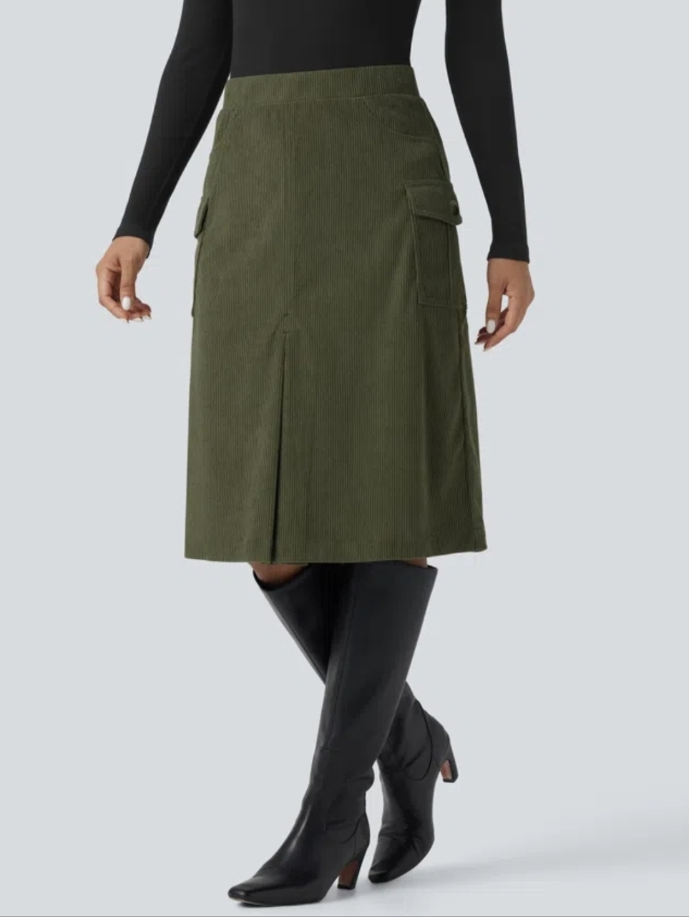 Halara High-Waisted A-Line Corduroy Midi Skirt Pockets 90s Streetwear